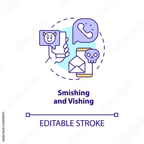 Smishing and vishing concept icon. Phone scam. Voice fraud. Social engineering trick abstract idea thin line illustration. Isolated outline drawing. Editable stroke. Arial, Myriad Pro-Bold fonts used