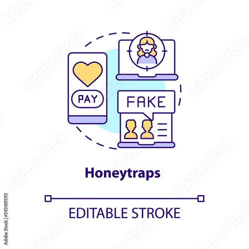 Honeytraps concept icon. Romance scam. Fake online dating. Digital security abstract idea thin line illustration. Isolated outline drawing. Editable stroke. Arial, Myriad Pro-Bold fonts used