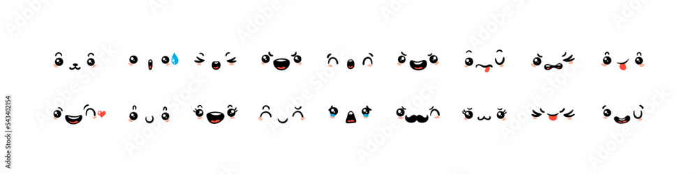 Various Cartoon Emoticons Set. Doodle faces, eyes and mouth. Caricature comic expressive emotions, smiling, crying and surprised character face expressions