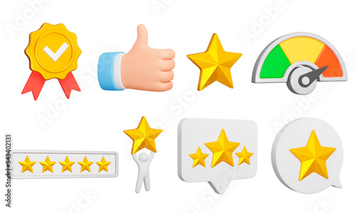 Rating 3d icon set. Feedback. Rank and Score. Giving five stars. Customer Rating, premium quality. Reviews with a positive rating. Isolated icons, objects on a transparent background