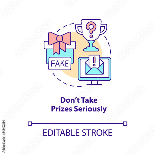 Do not take prizes seriously concept icon. Digital fraud. Internet scam. Cybercrime abstract idea thin line illustration. Isolated outline drawing. Editable stroke. Arial, Myriad Pro-Bold fonts used