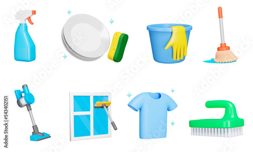 Cleaning 3d icon set. Housekeeping. Service wet and dry house cleaning. Spray cleaner, dishwashing, floor mop, window cleaning, laundry clothes. Isolated icons, objects on a transparent background