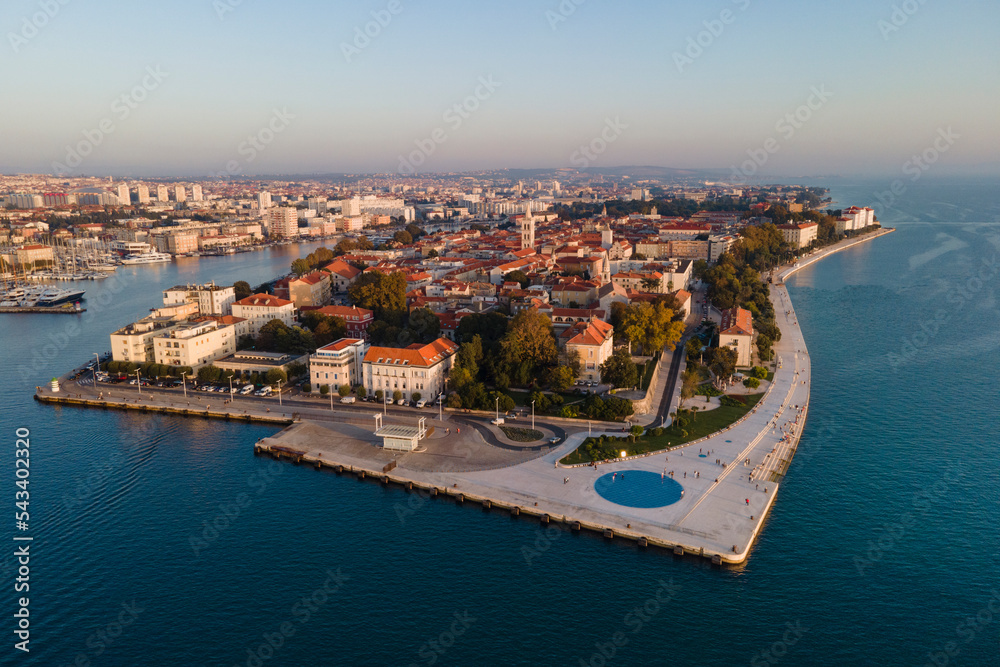 Fototapeta premium City of Zadar archipelago and historic peninsula aerial view in the sunset. Croatian architecture