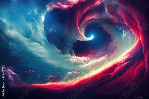Raster illustration of colorful clouds twisted into a spiral. Biosphere in blue-red colors, futuristic patterns, heavy clouds, star, spaceship, space, science fiction. 3d rendering artwork