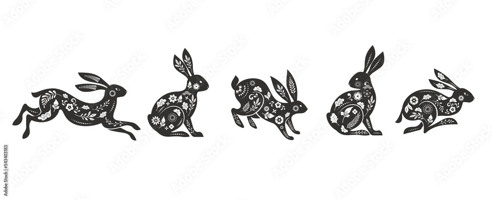 Collection of rabbits, bunnies illustrations. Chinese new year 2023 year of the rabbit - set of traditional Chinese zodiac symbol, illustrations, art elements. Lunar new year concept, modern design Collection of rabbits, bunnies illustrations. Chinese new year 2023 year of the rabbit - set of traditional Chinese zodiac symbol, illustrations, art elements. Lunar new year concept, modern design