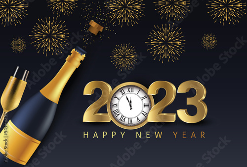 Happy new year 2023 gold champagne bottle open. greeting card or elegant holiday party invitation. vector illustration design