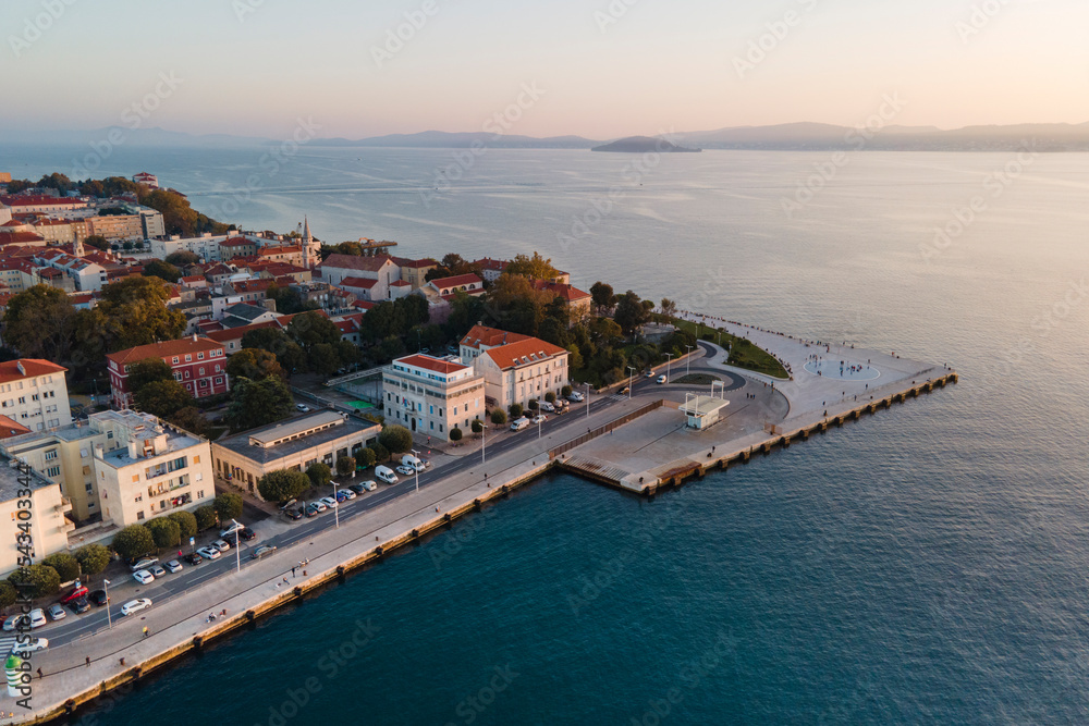 City of Zadar archipelago and historic peninsula aerial view in the sunset. Croatian architecture