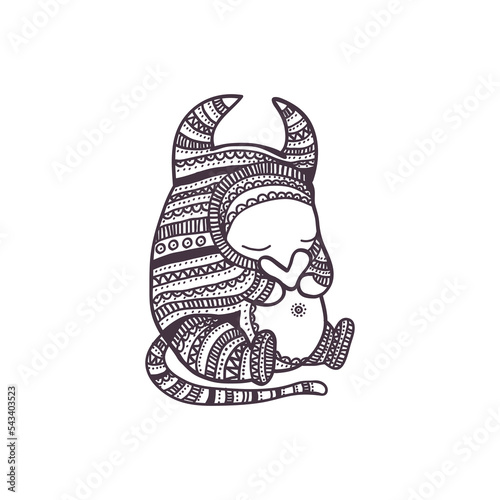 Cartoon doodle character, hand drawn cute monster with heart