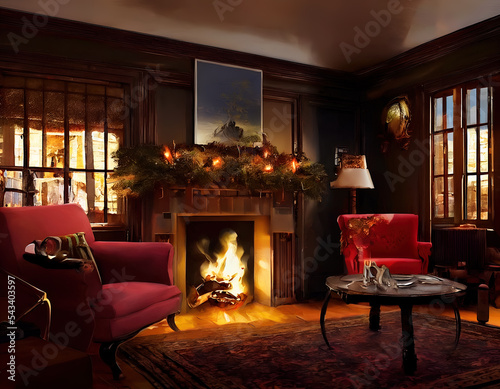 Fotografija Country cottage lounge at Christmas. Roaring fire.