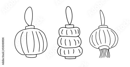 Set of doodle Asian lanterns for print, card, coloring page