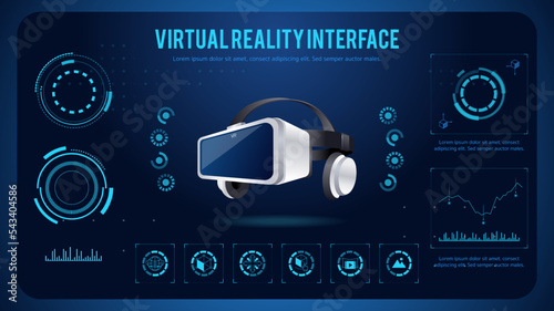 Realistic 3d Virtual Reality headset. Futuristic display interface with data elements photo