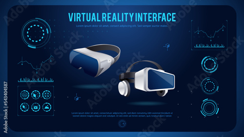 Realistic 3d Virtual Reality headset. Futuristic display interface with data elements