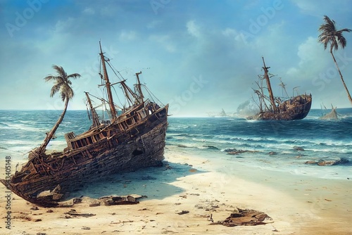 Old Shipwrecks stuck in sand after huge battle in the sea