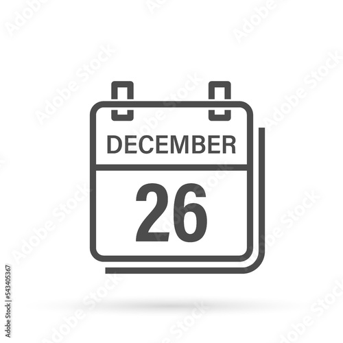 December 26, Calendar icon with shadow. Day, month. Flat vector illustration.	
