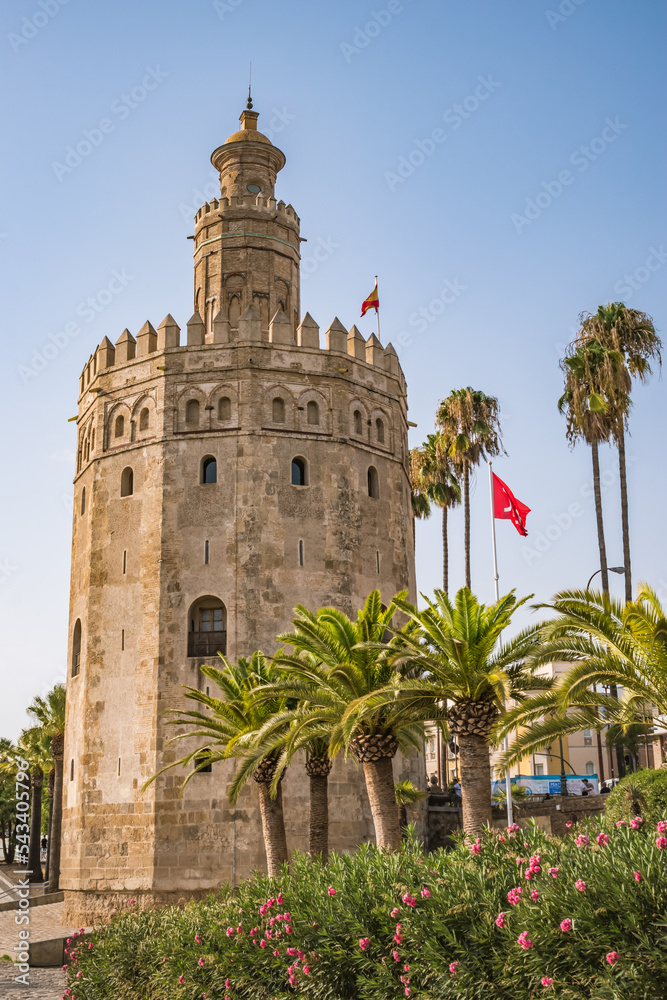 Palm trees in front of the Torre del Oro fortress in hispanic muslim style that served as a lookout to the Guadalquivir river, Seville SPAIN