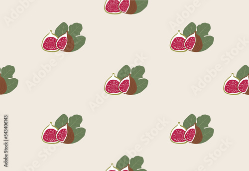 Vector flat wallpaper. Seamless illustration with a pattern of figs and its leaves on a milky background. Summer tropical fruits. Design for wallpaper, fabric, decor, textile.