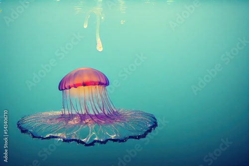 Tablou canvas Futuristic jellyfish light passes through water abstract dark background