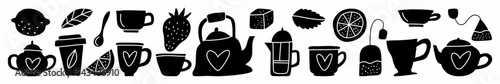Vector horizontal illustration of teapots and teacups drawn by hand in the style of a doodle. Illustration for a tea party.