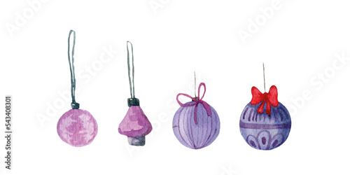Illustration Christmas tree watercolor toys set soft style, pink, purple color
