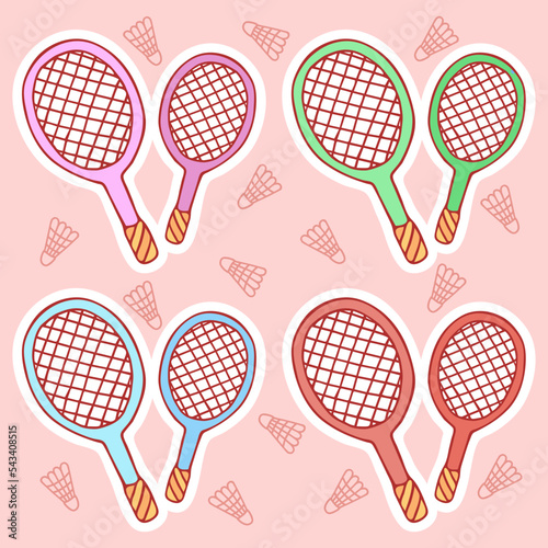 Cute hand-drawn set of badminton or tennis rackets in doodle cartoon style. Composition in neutral candy colors. Kawaii element for card, social media banner, sticker, kids playroom decor. Vector