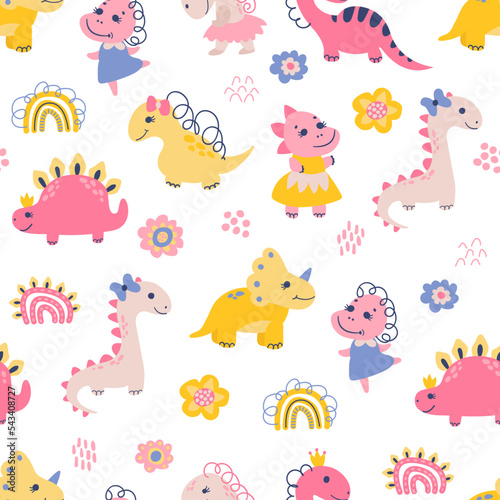 Seamless pattern with dino girls. Design for fabric, textile, wallpaper, packaging. 