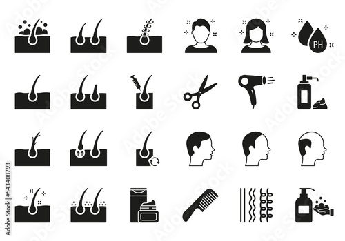 Hair Care and Loss Problem. Barbershop Tools Flat Black Icons. Shampoo, Dandruff, Haircut, Growth and Alopecia Silhouette Icon. Treatment and Problem of Hair. Isolated Vector illustration