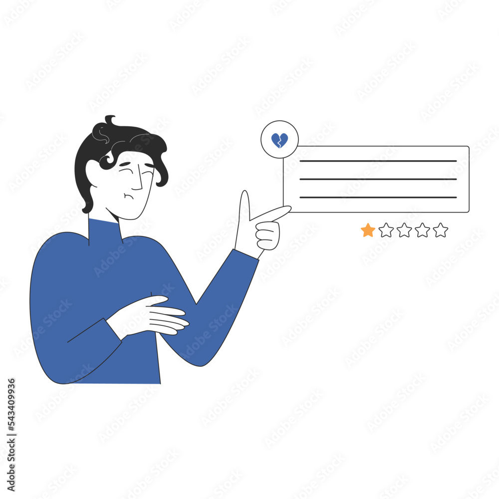 Man giving negative feedback to bad service. One star rating customer satisfaction. Review concept. Vector illustration in flat style isolated on white background Man giving negative feedback to bad service. One star rating customer satisfaction. Review concept. Vector illustration in flat style isolated on white background