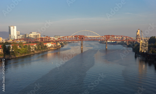 The Broadway Bridge in Portland painted red