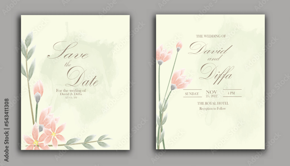 elegant and simple wedding invitation vector template with watercolor elements