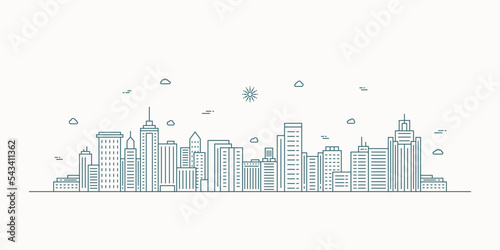Cityscape. Modern flat line landscape vector. City landscape line art illustration with building, tower, skyscrapers. Vector illustration. photo