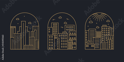 Cityscape badge. Modern building in flat line vector. City landscape line art illustration with building, tower, skyscrapers. Vector illustration.