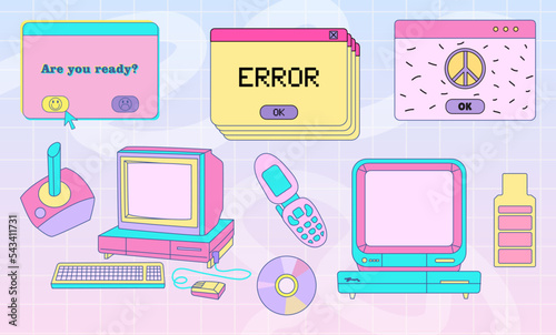 Retrowave set with elements of retro PC y2k. Collection of user interface elements and illustration of technology. Vector colorful illustration. Nostalgia for 1980s-1990s