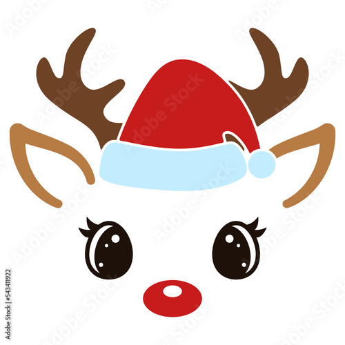 Christmas reindeer face with Santa Claus hat on white background. Cute cartoon animal. Kawaii deer with red nose. Flat style design. Winter holiday print. Vector illustration.