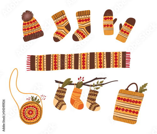 Knitting and knitwear vector illustrations set.  Warm handmade clothing. Female accessories with ethnic, folk decor