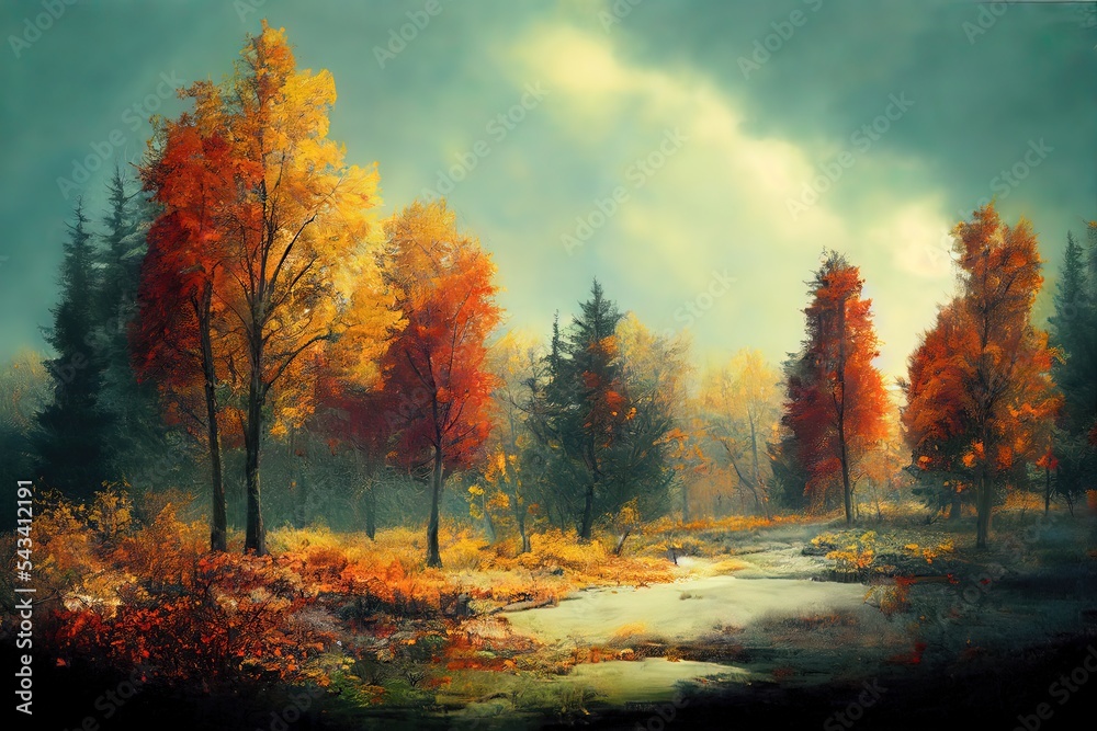 autumn in the forest, colourful, gold, vibrant, sunlight, light, Generative AI