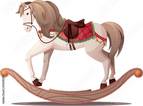 christmas rocking horse on isolated background. Christmas children's horse toy with Christmas decorations. Vector cartoon illustration