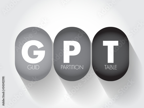 GPT GUID Partition Table - standard for the layout of partition tables of a physical computer storage device, acronym text concept background