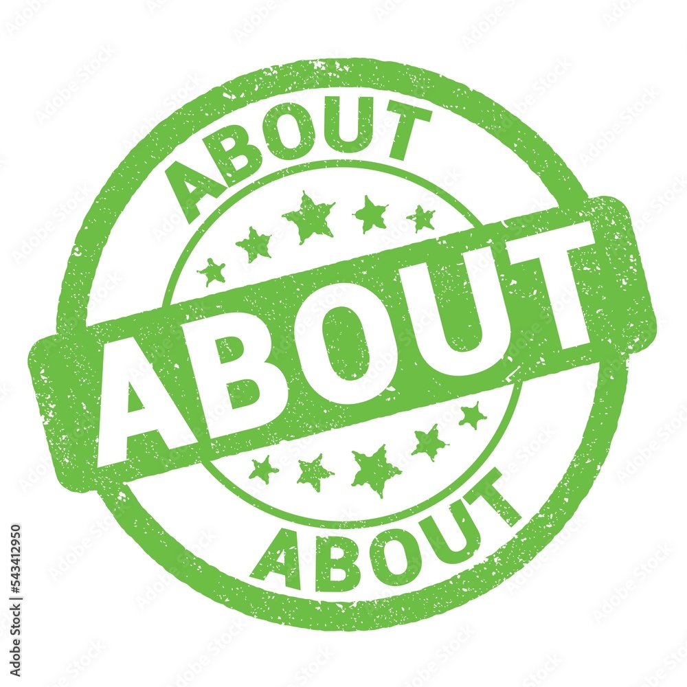 ABOUT text written on green stamp sign. ABOUT text written on green stamp sign.