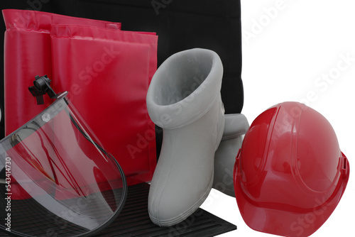 Electrical protection means. Hard hat, visor, rubber gloves and boots, dielectric mat isolated on white