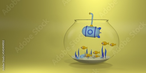 Schilderij op canvas 3D rendering cartoon blue submarine in fishbowl with yellow fishes and seaweed