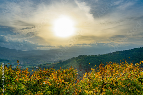 Panorama from the village of Castellina in Chianti towards the surrounding countryside Siena Tuscany Italy