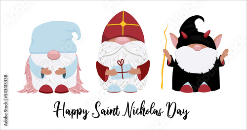 An old man, krampus and an angel in colorful costumes celebrate the Dutch holidays - St. Nicholas day.vector illustration isolated.