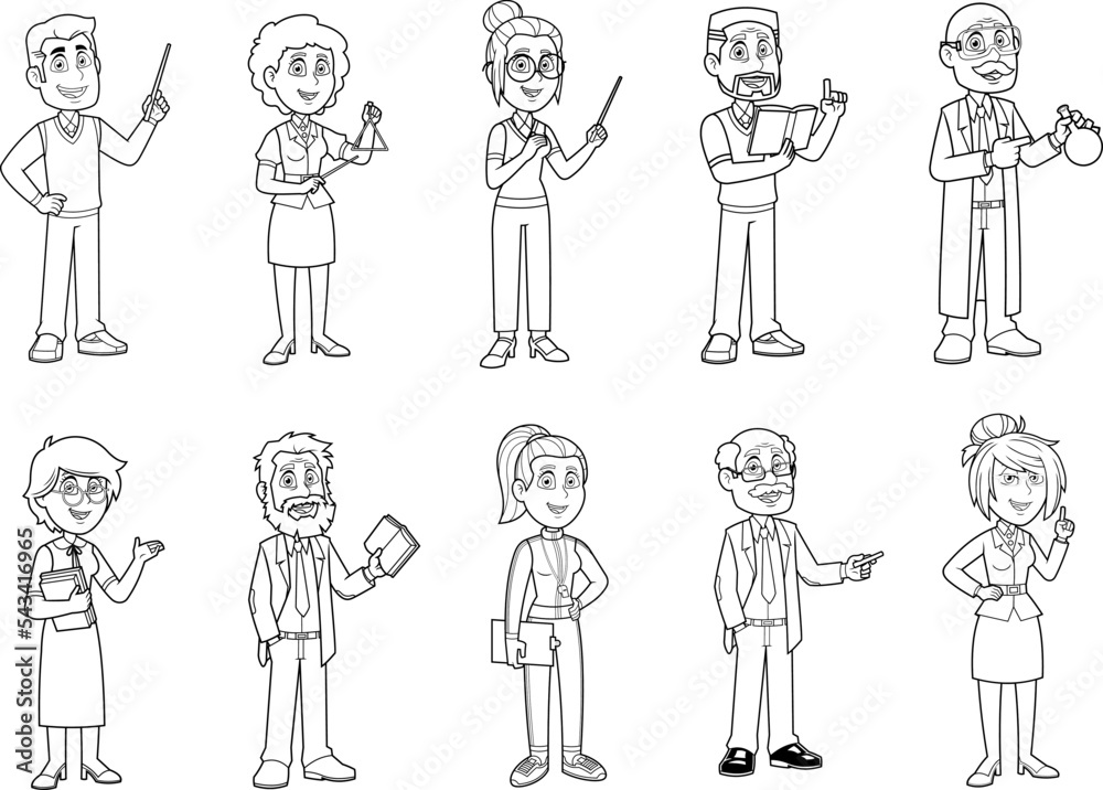 Outlined School Teacher's Cartoon Characters In Different Poses. Vector Hand Drawn Collection Set Isolated On Transparent Background