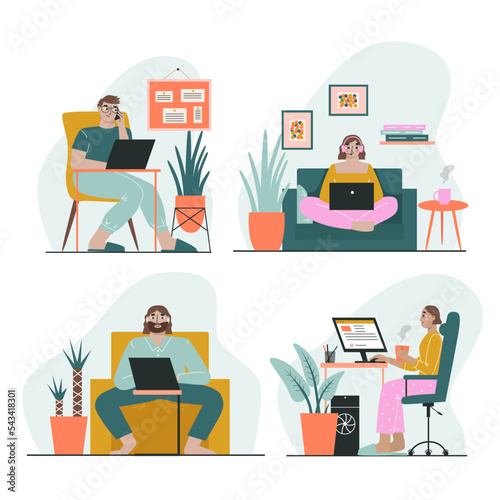 Set of freelance people working on a laptop at home, dressed in home clothes. The concept of freelancing and remote work. Vector illustration