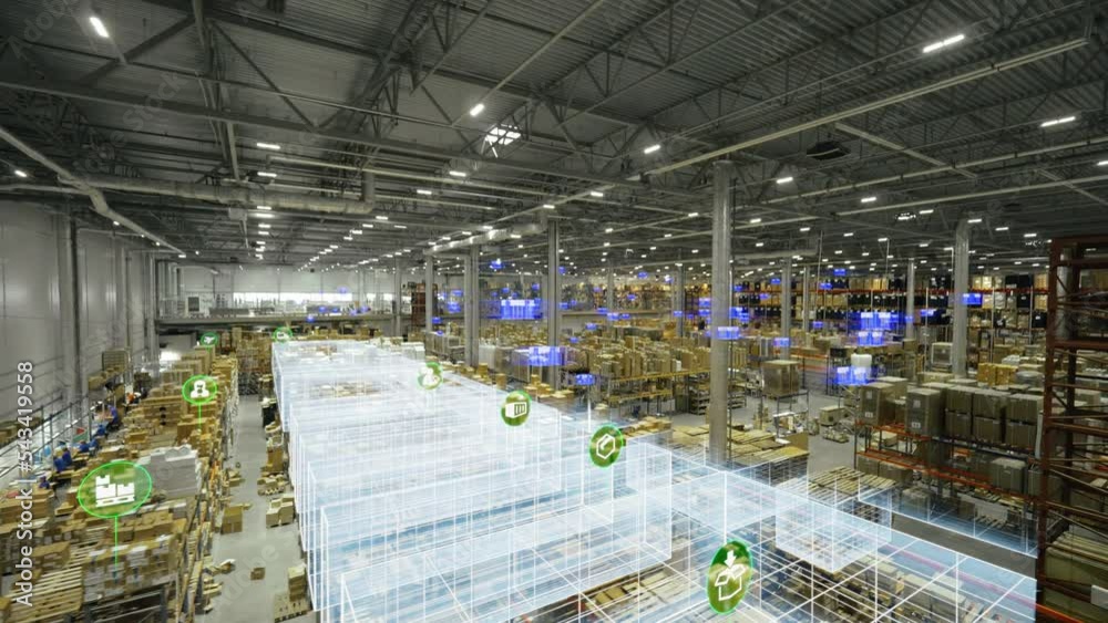 Large distribution center with logistics hologram.