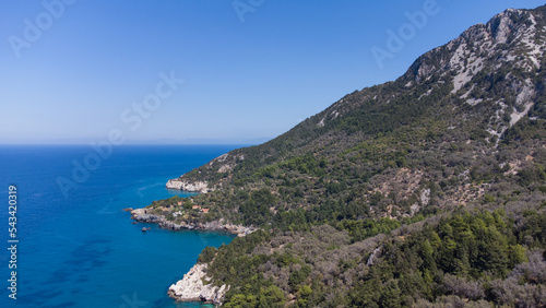 Aerial view of turquoise blue Mediterranean water on the coast of Samos  Greek Aegean Sea