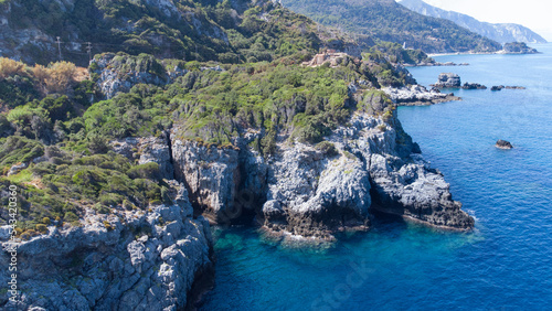 Aerial view of turquoise blue Mediterranean water on the coast of Samos, Greek Aegean Sea