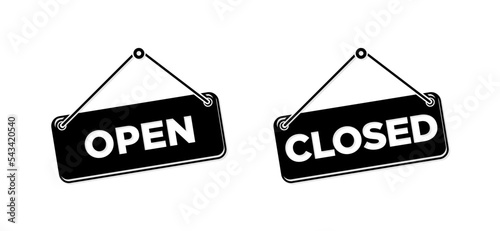 Open and Closed sign icons set for entering door and web. Vector on transparent background