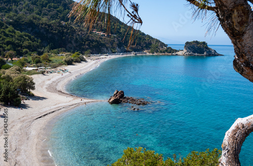 Aerial top view footage of crystal clear water beach of Seitani in the Aegean island Samos photo