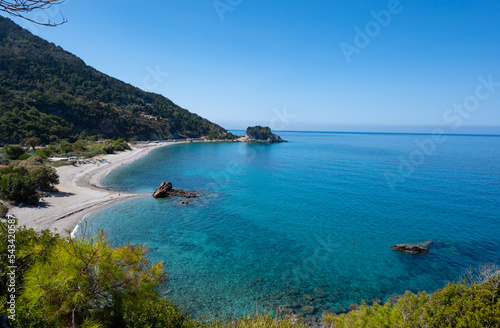 Fototapeta Naklejka Na Ścianę i Meble -  Aerial top view footage of crystal clear water beach of Seitani in the Aegean island Samos
